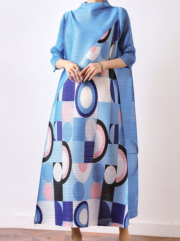 Loose Geometric Printed Pleated Midi Dress