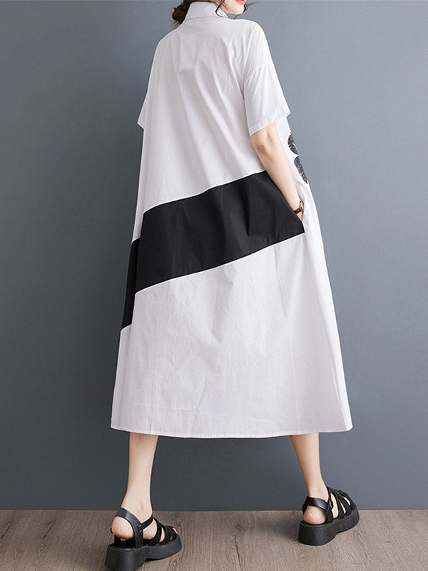 A-line Loose Asymmetric Buttoned Flower Print Lapel Midi Dresses Shirt Dress