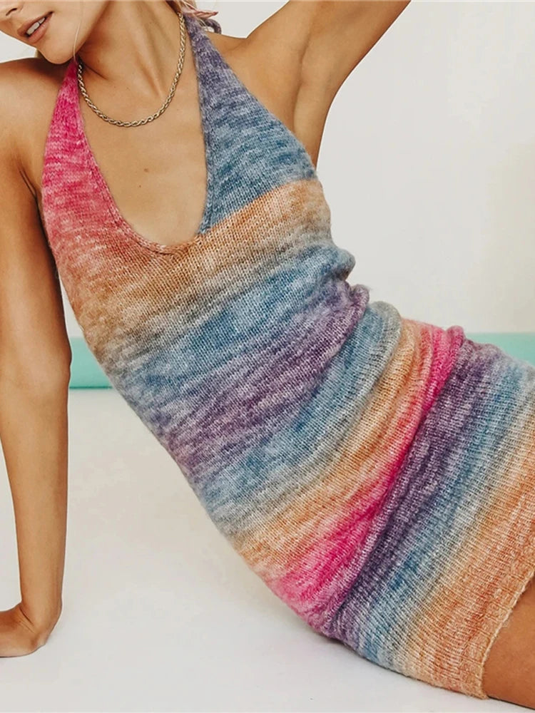 V-neck Knitted Dress Tie-dye Holiday Party Backless Beach Cover-up Dress Bodycon Slim Sleeveless Summer Mini Sweater Dress