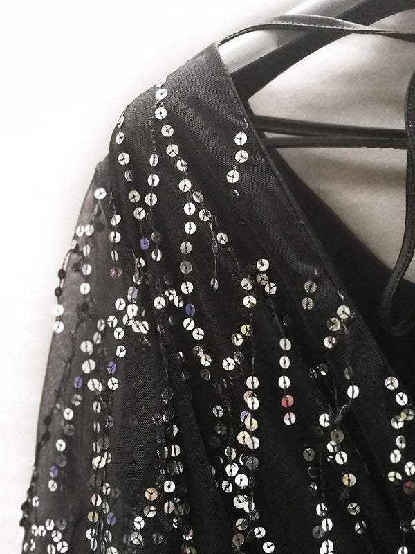 Long Sleeves Loose Gauze Pockets See-through Sequined Split-joint V-neck Evening Dresses Midi Dresses