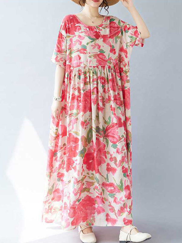 A-line Batwing Sleeves Flower Print Pleated Split-joint Round-neck Midi Dresses