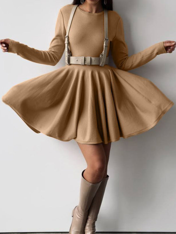 A-line High Waisted No Belt Pleated Color Round-neck Mini Dresses