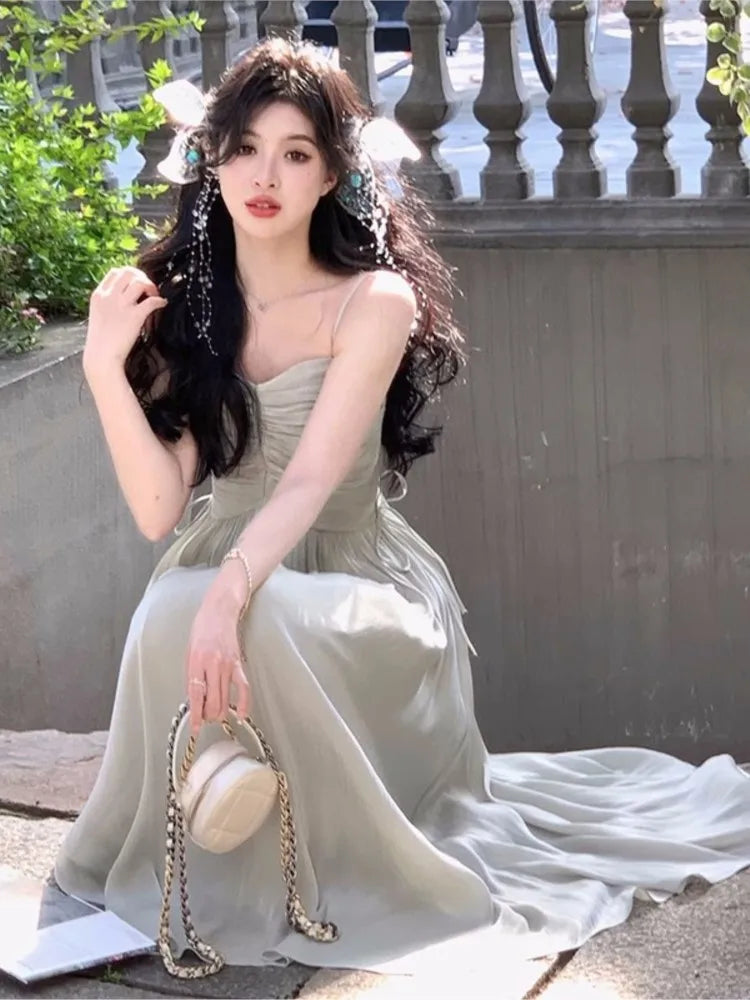 Shiny Midi Dresses for Evening Party Dress Prom Robe Summer New A-line Spaghetti Strap Vestido Mujer