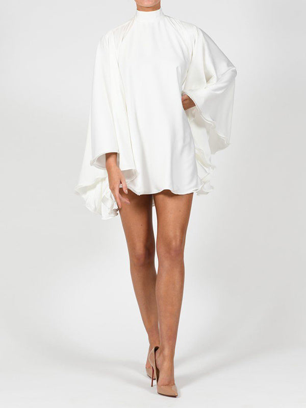 Color High-neck Backless Flared Sleeves Mini Dress