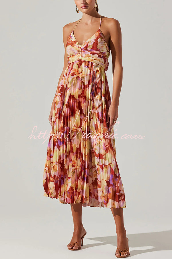 Wedding Party Season Print Pleated Back Tie-up Midi Dress