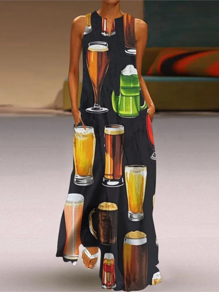 Summer New Flower Printed Long Dresses V-neck Loose Sleeveless Dress Commuting Vestidos Female