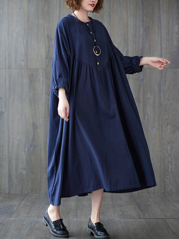 Loose Puff Sleeves Pleated Color Stand Collar Midi Dresses