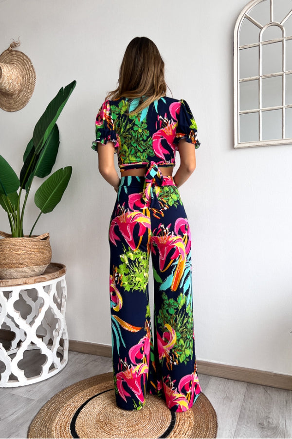 Print V Neck Short Sleeves Crop Top Elastic Waist Wide Leg Pants Set