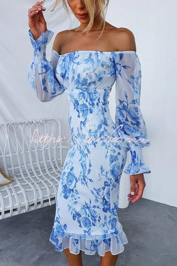 Shine Bright Off Shoulder Smocked Waist Midi Dress