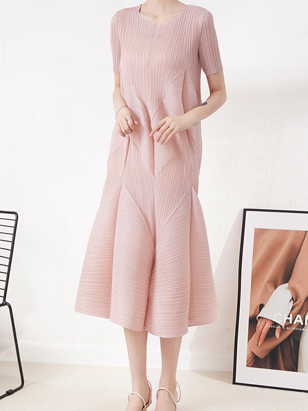 Short Sleeves Pleated Color Round-neck Midi Dresses