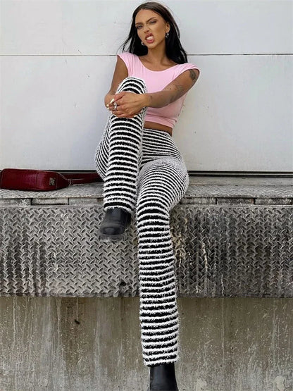 Zebra Stripes Knitted Pants Bodycon High Waist Slim Long Pants Femme Street Trouseres Hot