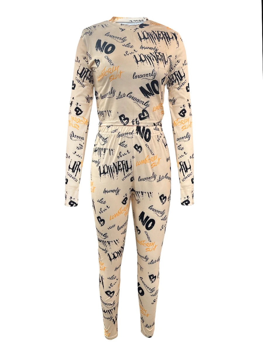 Crop Top Letter Print Skinny Pants Set High Elasticity Round Neck Autumn Winter Two Pieces Matching Suits Outfit
