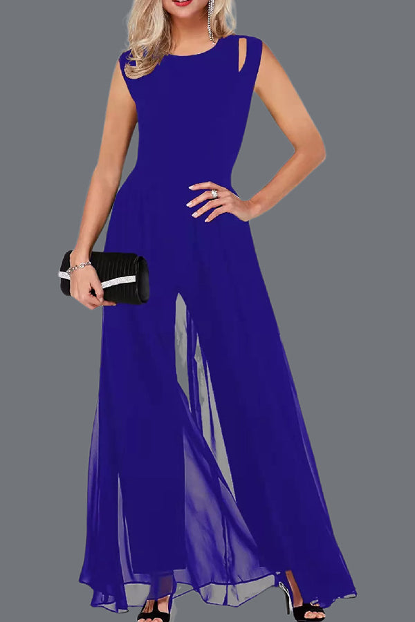 Round Neck Sleeveless Hollow Color Jumpsuit