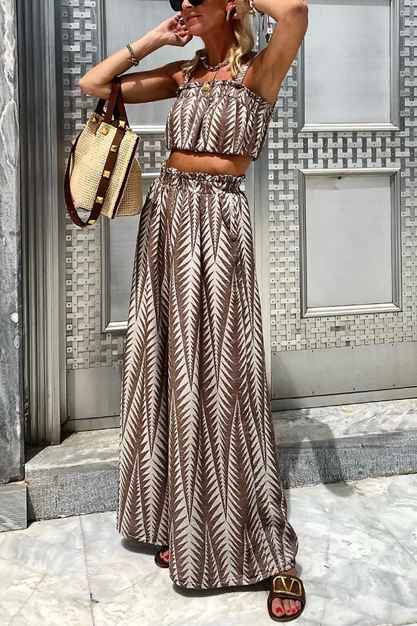 Tropical Island Green Plant Print Brown Camisole Top Wide-leg Pants Suit