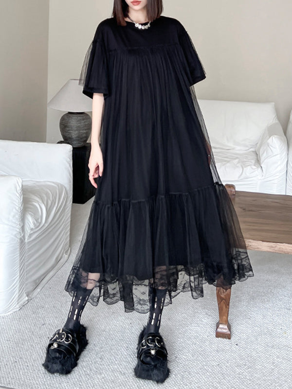 Fake Two-piece Loose Gauze Pleated Color Split-joint Tiered Round-neck Midi Dresses
