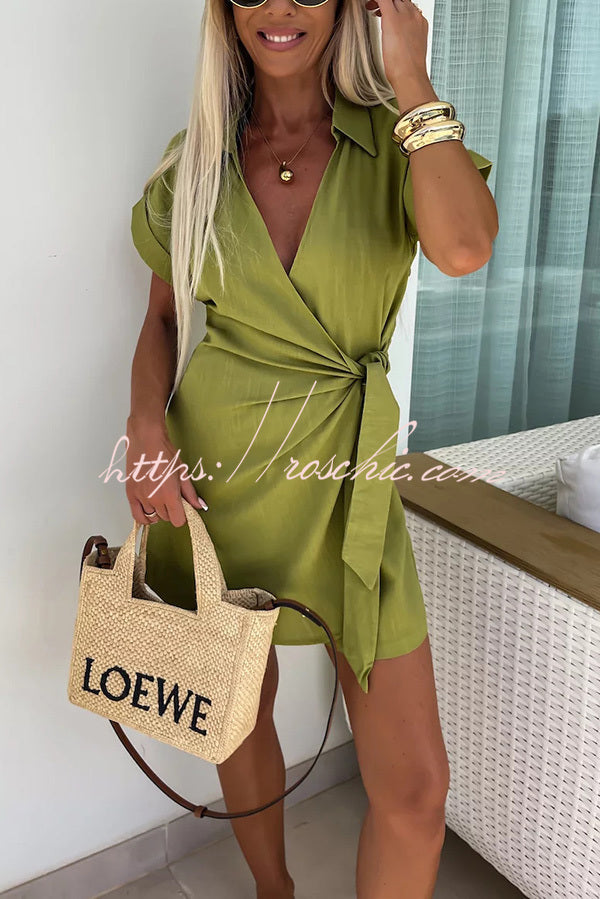 Relaxing Beach Linen Blend Color Wrap Loose Shirt Romper