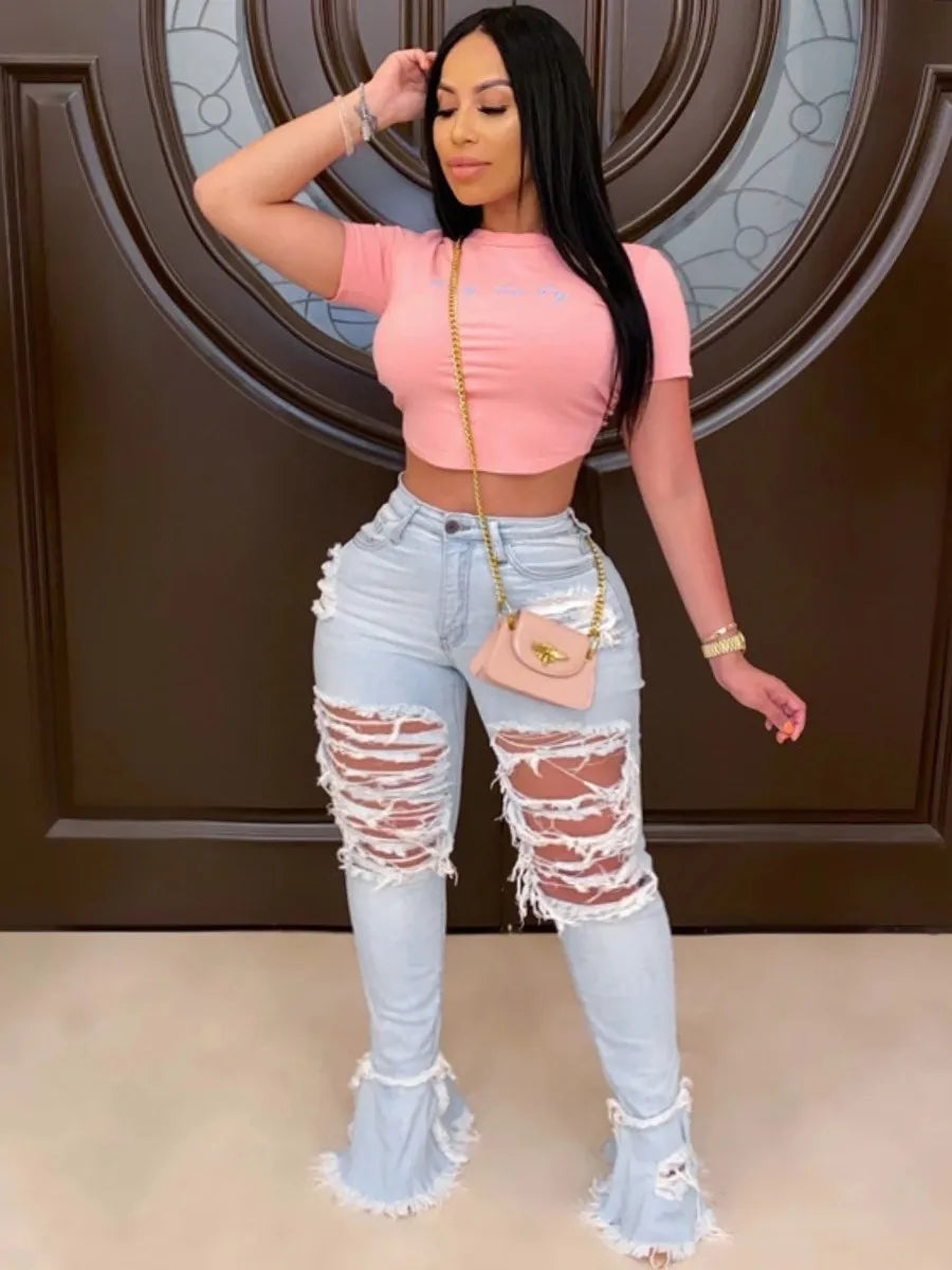 Ripped Flared High Stretchy Straight Pants Wide Leg Summer Jeans