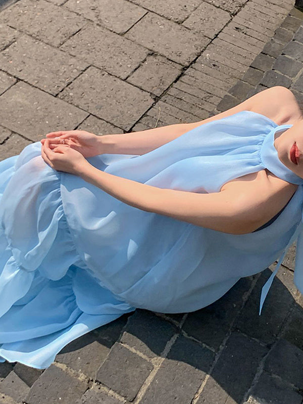 Loose Sleeveless Color Halter-neck Midi Dresses