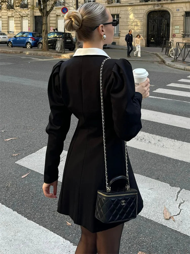 Autumn Mini Dress for Patchwork Slim Long Sleeve V-neck High Waist Commute Female Party Dress