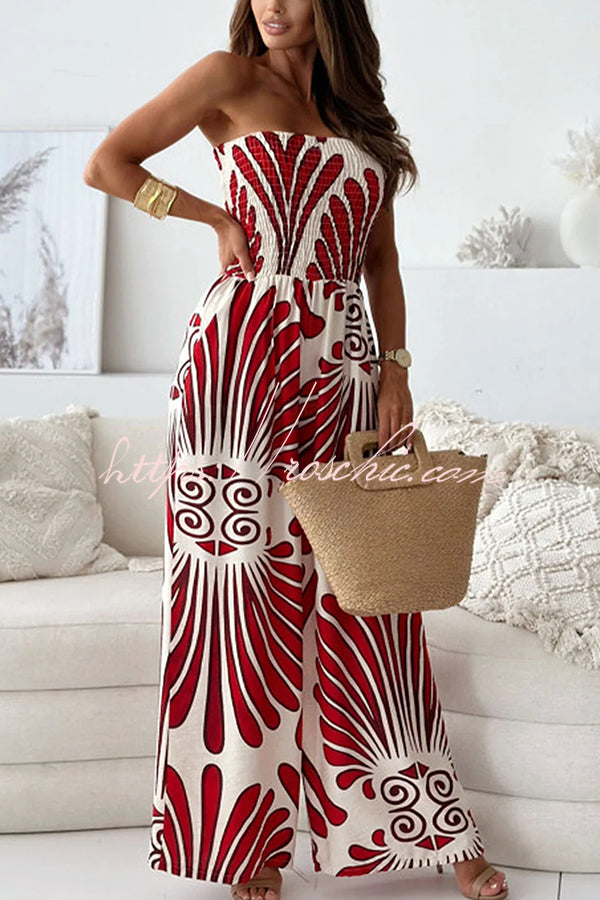 Unique Printed Off-shoulder Pleated Wide-leg Jumpsuit