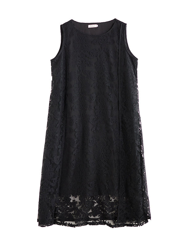 A-line Loose Lacy See-through Color Split-side Round-neck Midi Dresses