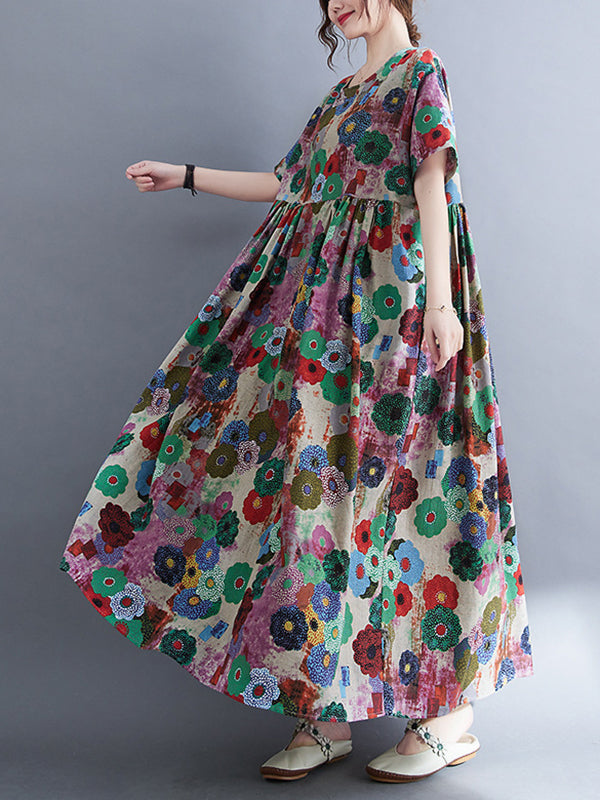 Loose Multi-colored Printed Midi Dress
