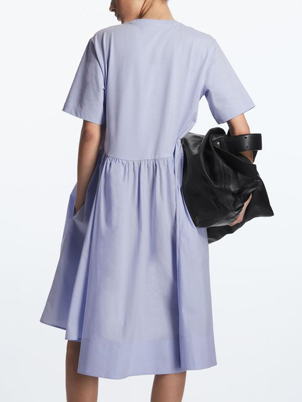 Loose Short Sleeves Color Round-neck Midi Dresses
