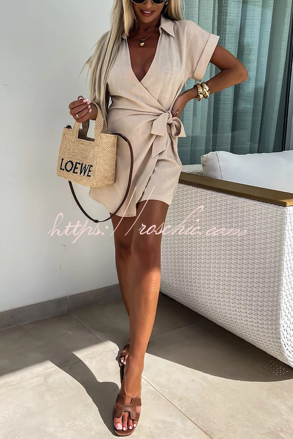 Relaxing Beach Linen Blend Color Wrap Loose Shirt Romper