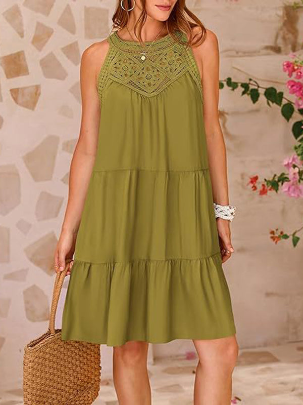 A-line Loose Hollow Pleated Color Split-joint Round-neck Mini Dresses
