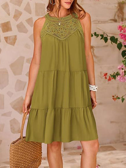 A-line Loose Hollow Pleated Color Split-joint Round-neck Mini Dresses
