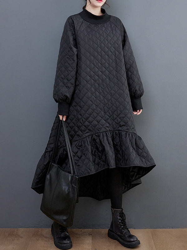 Long Sleeves A-line Rhombic Falbala High-neck Midi Dresses