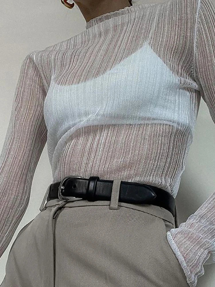 See Through Knitted T-shirts Autumn White Long Sleeve Mock Neck Tops Femme High Street Slim Tops Tee