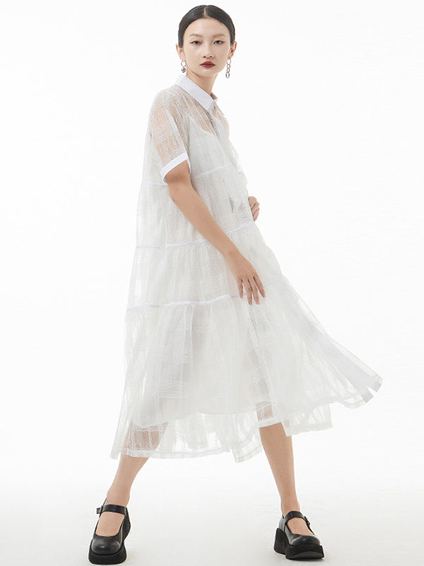 Original Color Hollow See-through Thin Midi Dress