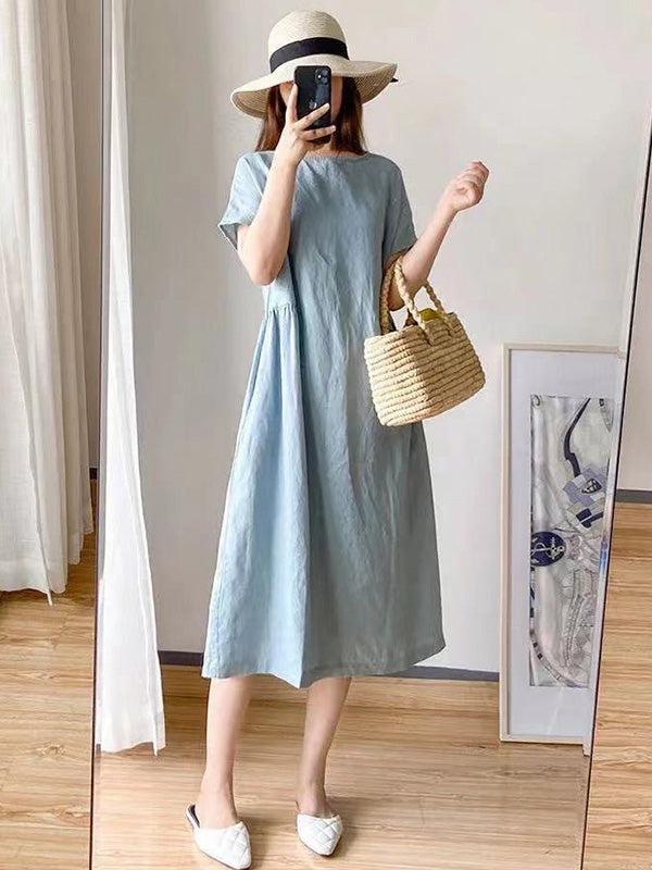 Loose Color Round-neck Midi Dresses