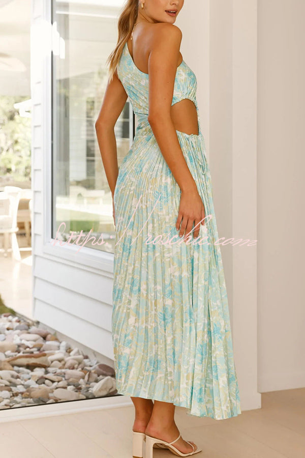 Laken Print One Shoulder Adjustable Tie Cutout Pleated Maxi Dress