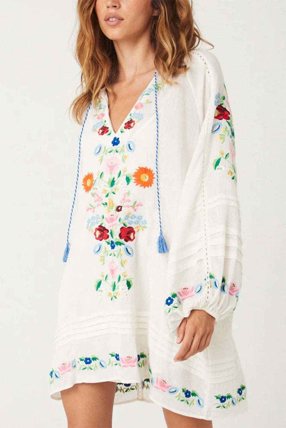 White Tassel Tie V Neck Mini Dress