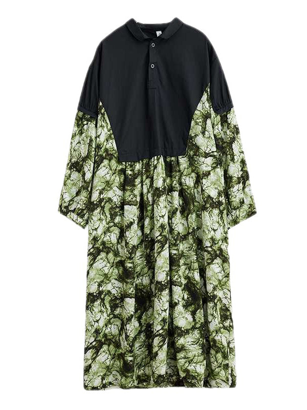 Long Sleeves Loose Buttoned Printed Split-joint Lapel Midi Dresses