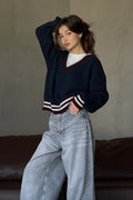 Striped Color Block V-neck Loose Knit Sweater