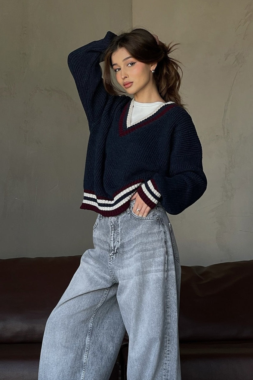 Striped Color Block V-neck Loose Knit Sweater
