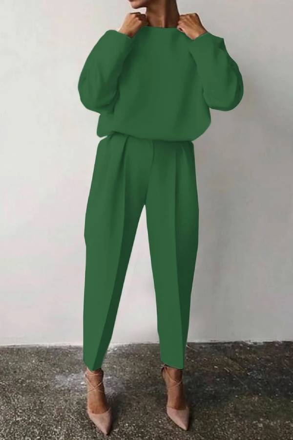 Color Round Neck Pencil Pants Suit