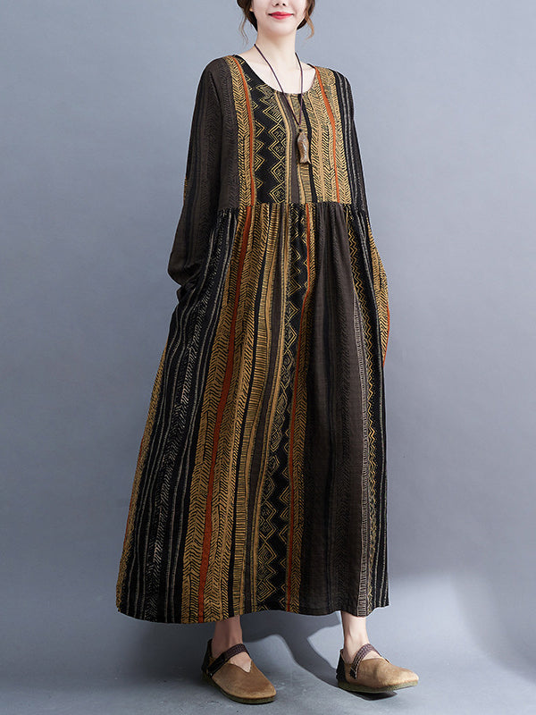 Vacation Loose Long Sleeves Contrast Color Printed Round-neck Midi Dresses