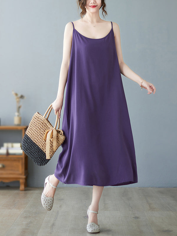 Loose Sleeveless Color Spaghetti-neck Midi Dresses