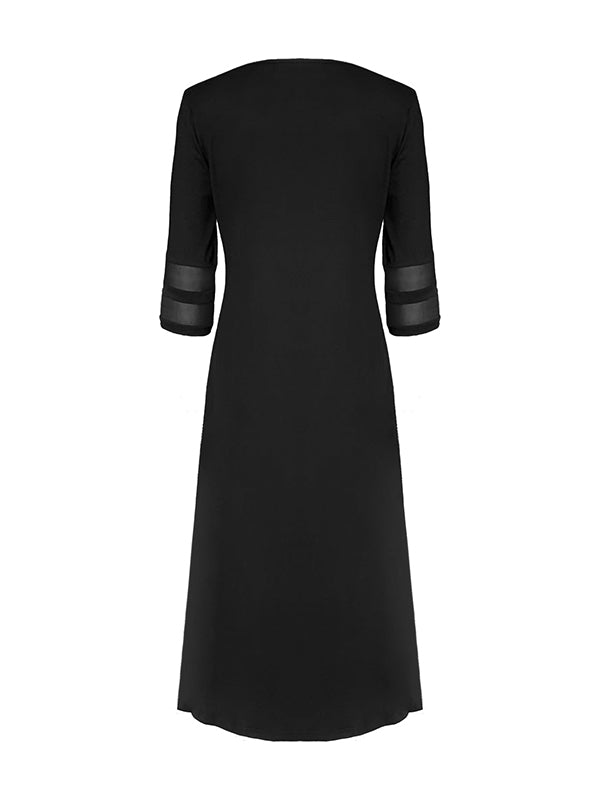 A-line Half Sleeves Newspaper Print Pockets Split-joint Round-neck Midi Dresses