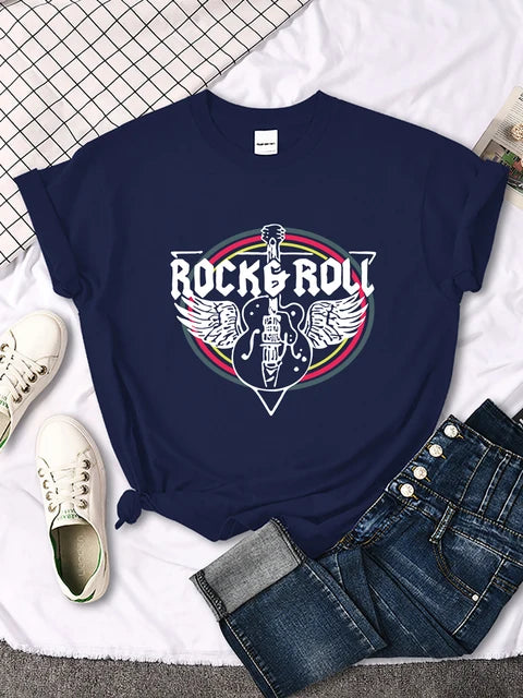 Rock Roll Electric Guitar Printed T-shirt Comfortable Tops Breathable Cool Short Sleeve O-neck Street Tee Clothing