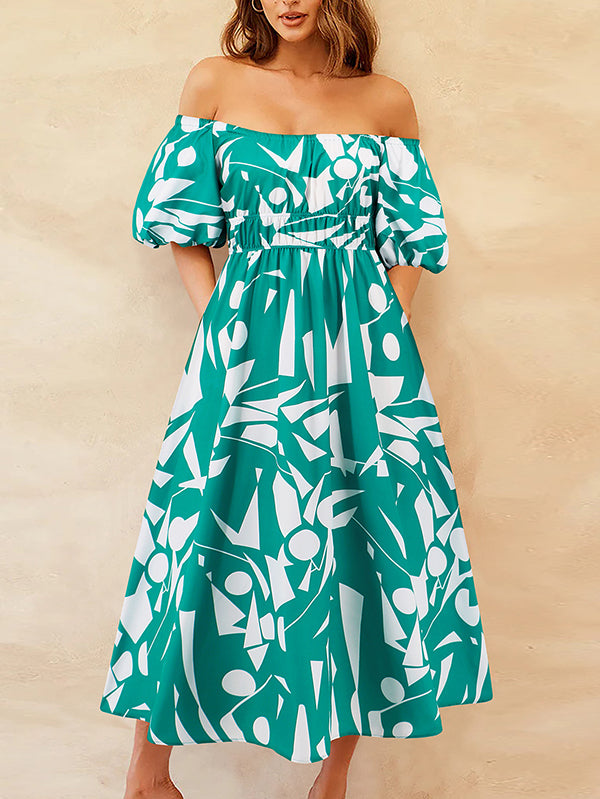 A-line Espadrilles Contrast Color Elasticity Pleated Pockets Printed Off-the-shoulder Midi Dresses