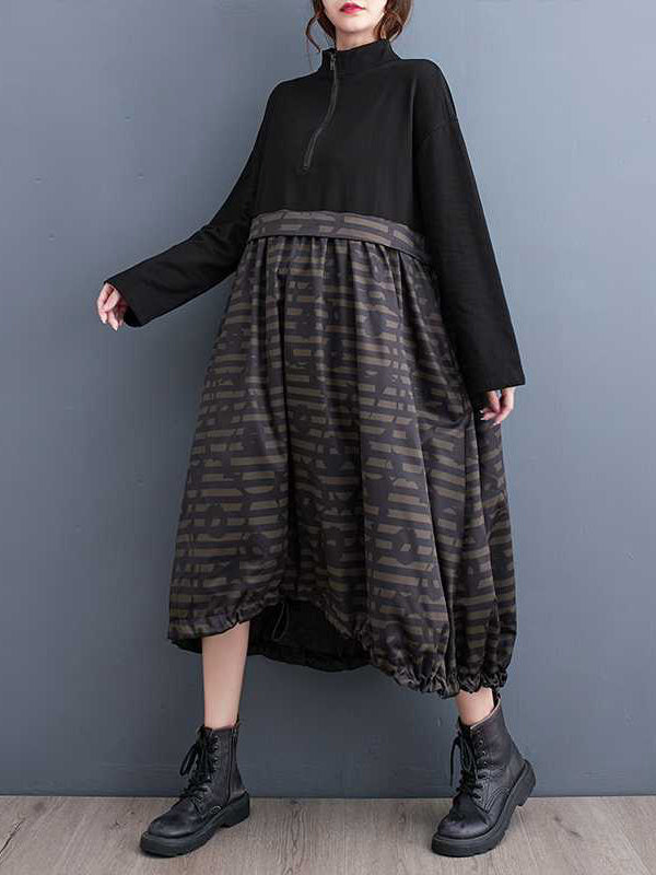 Long Sleeves Loose Drawstring Printed Split-joint Zipper Midi Dresses