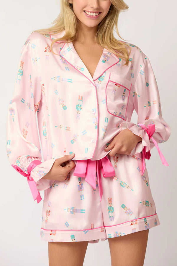 Christmas Print Lace-up Cuff Top and Elastic Waistband Pocket Shorts Set
