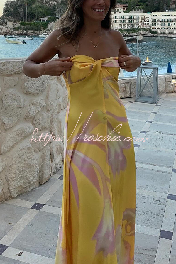 Catalina Island Satin Print Twist Bust Halter Maxi Dress