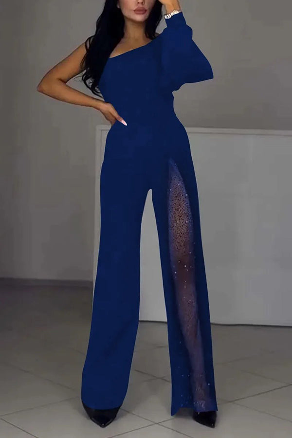 Fashionable Oblique Shoulder One-sleeve High Slit Slim Jumpsuit