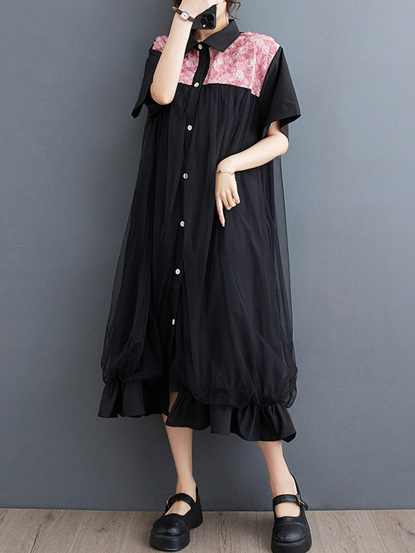 Loose Short Sleeves Falbala Printed Split-joint Lapel Midi Dresses